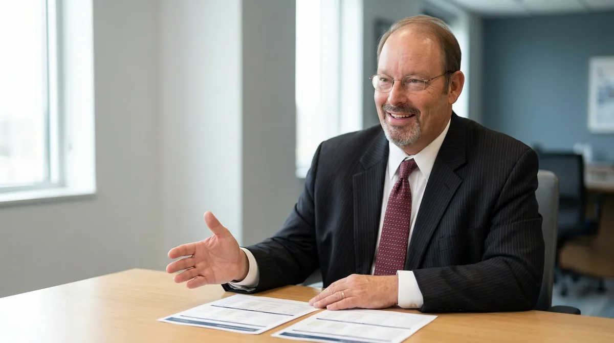 Tim Berry, in a dark pinstripe suit and red tie, gestures over two printed term-life premium comparison sheets while explaining the quotes to a client across the desk.